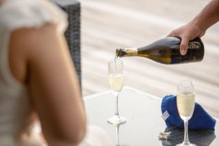 Stainless steel stopper clamped on an open Champagne bottle in a fridge